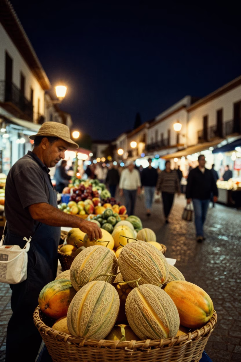 Granada Spain Night Market Bustle Woven Basket Melons and Local Commerce Under Starlight in in Granada, Spain