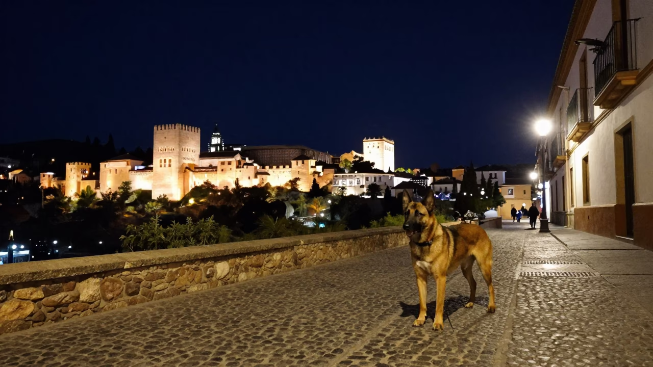 Granada Spain Night Scene With Dog And Local Street Life in in Granada, Spain