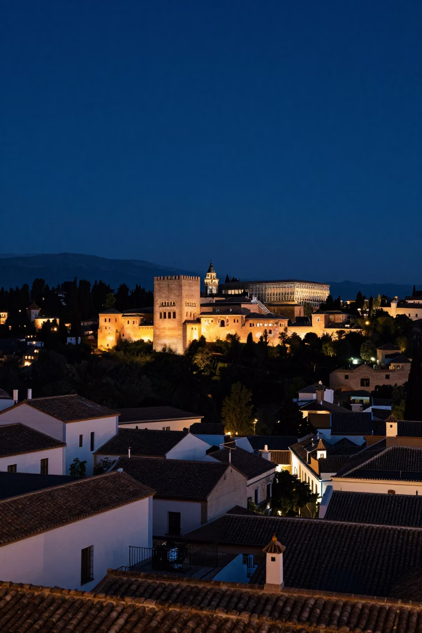 Granada Spain Night Sky Above Historic Albaicin District Rooftops and Alhambra Silhouette in in Granada, Spain