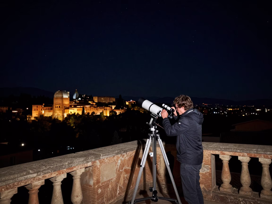 Granada Spain Night Sky Observatory Telescope Calibration Under Deep Darkness in in Granada, Spain
