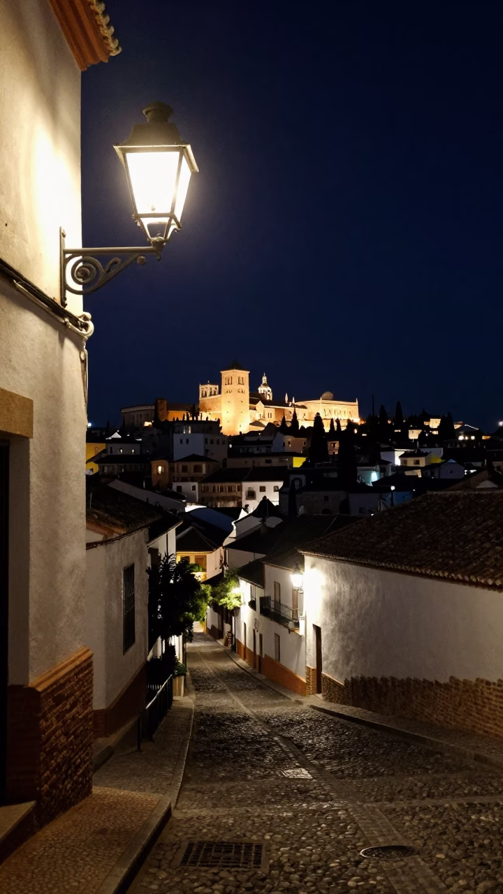 Granada Spain Night Skyline View from Albayzin Cobblestone Street with Cast Iron Lantern in in Granada, Spain