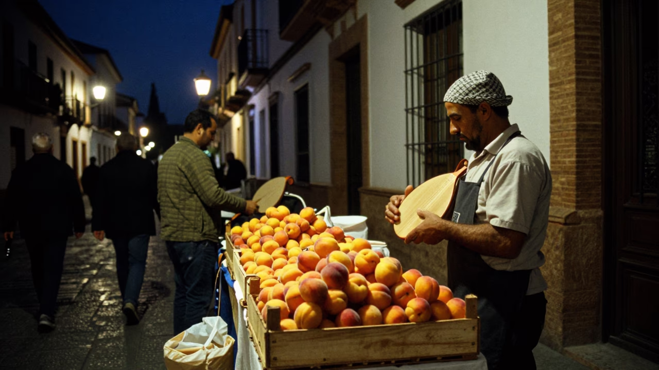 Granada Spain Night Street Scene with Apricots and Tambourine in 1990s Realism in in Granada, Spain
