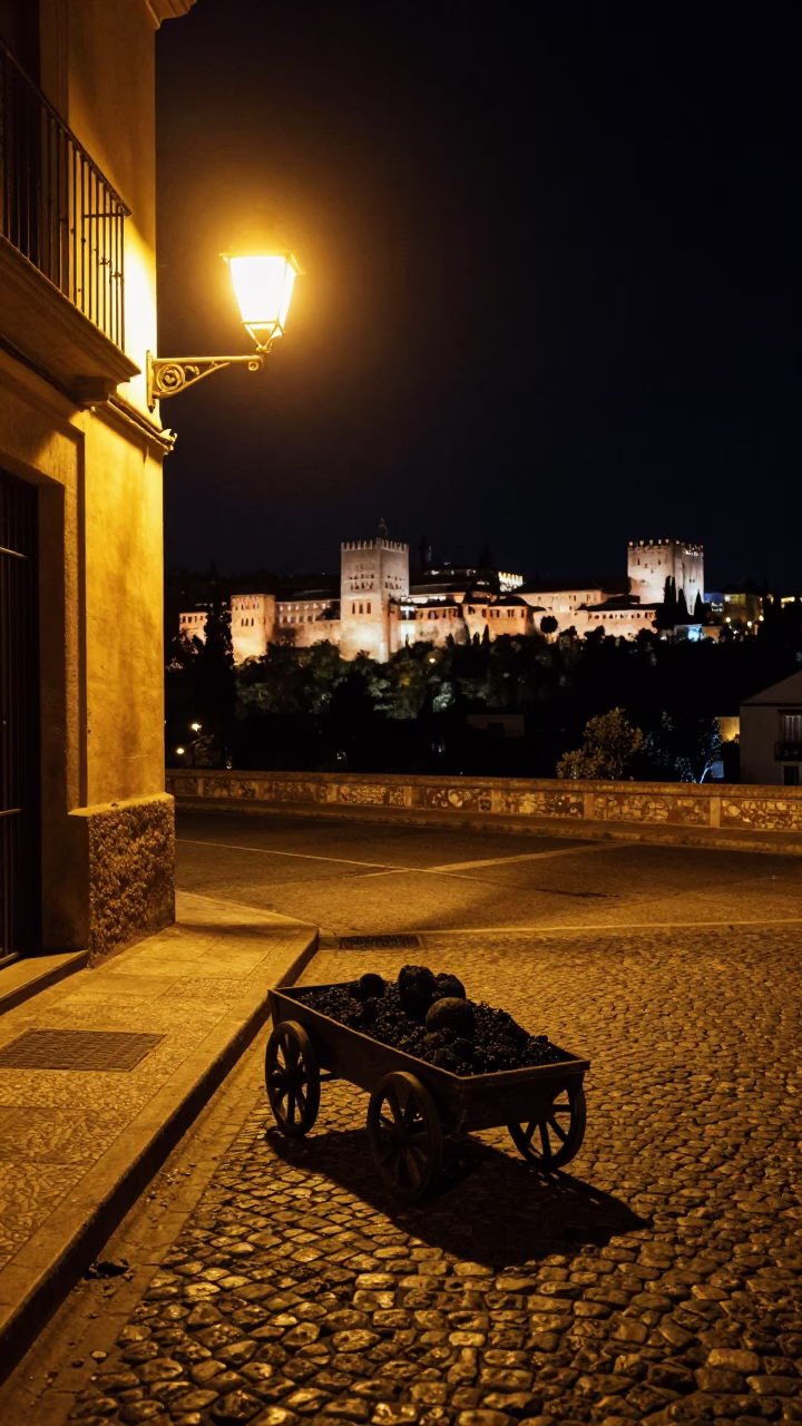 Granada Spain Night Street Scene with Coal Scuttle and Cobblestone Plaza in in Granada, Spain