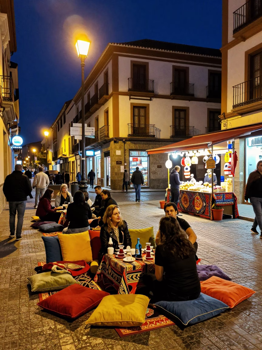 Granada Spain night street scene with colorful cushions and tea kettle in in Granada, Spain