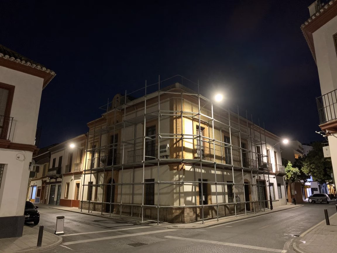 Granada Spain Night Street Scene with Geometric Scaffold Joints and Concrete Apartment Blocks in in Granada, Spain