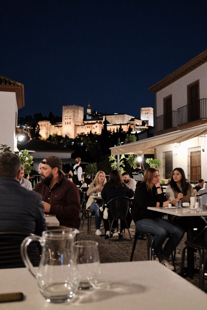 Granada Spain Night Street Scene with Glass Pitcher and Local Dining Ambiance in in Granada, Spain