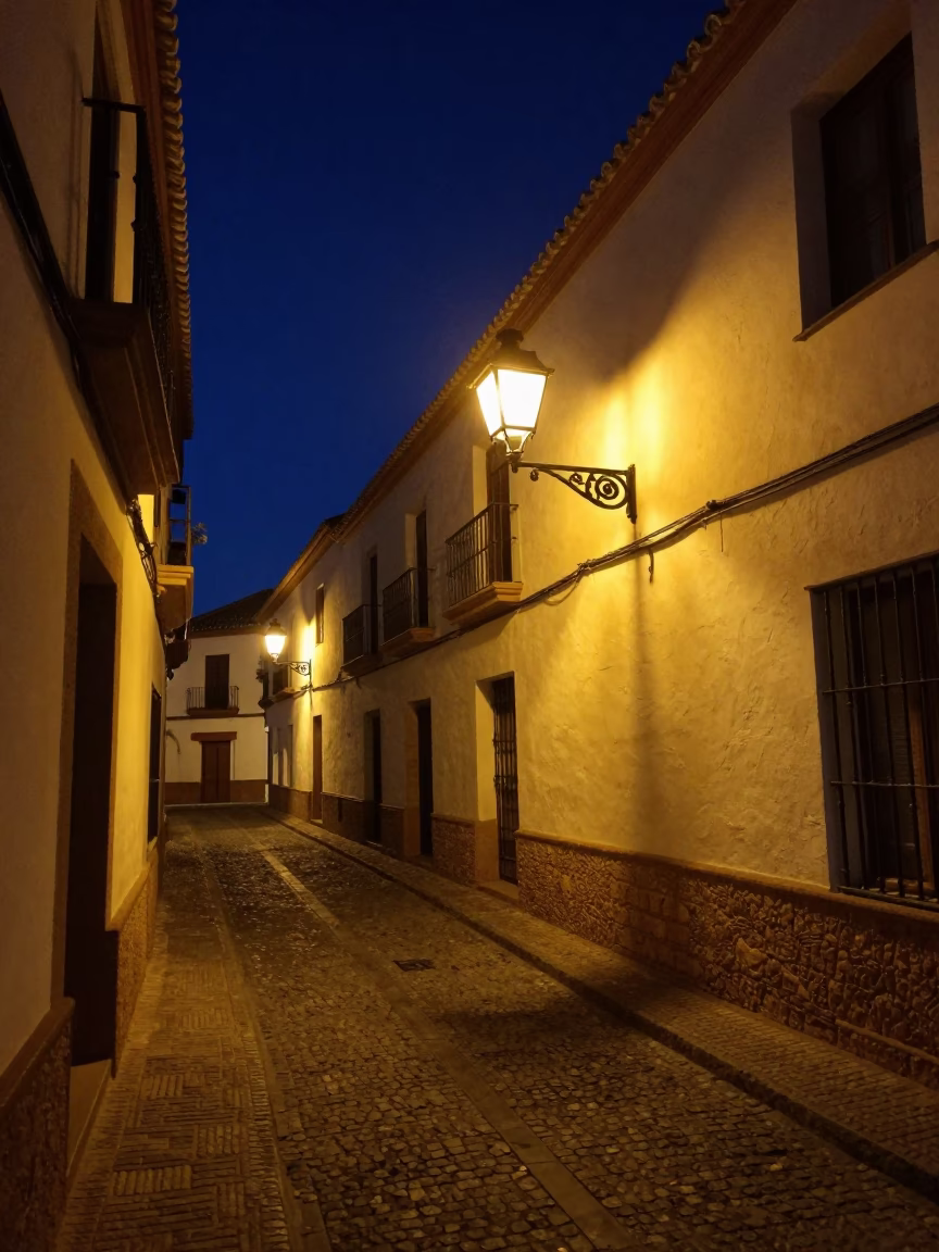 Granada Spain Night Street Scene with Hurricane Lamp and Local Pedestrians in in Granada, Spain