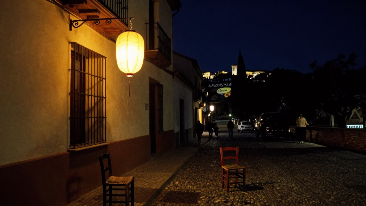Granada Spain Night Street Scene with Lantern and Varnished Chair in in Granada, Spain