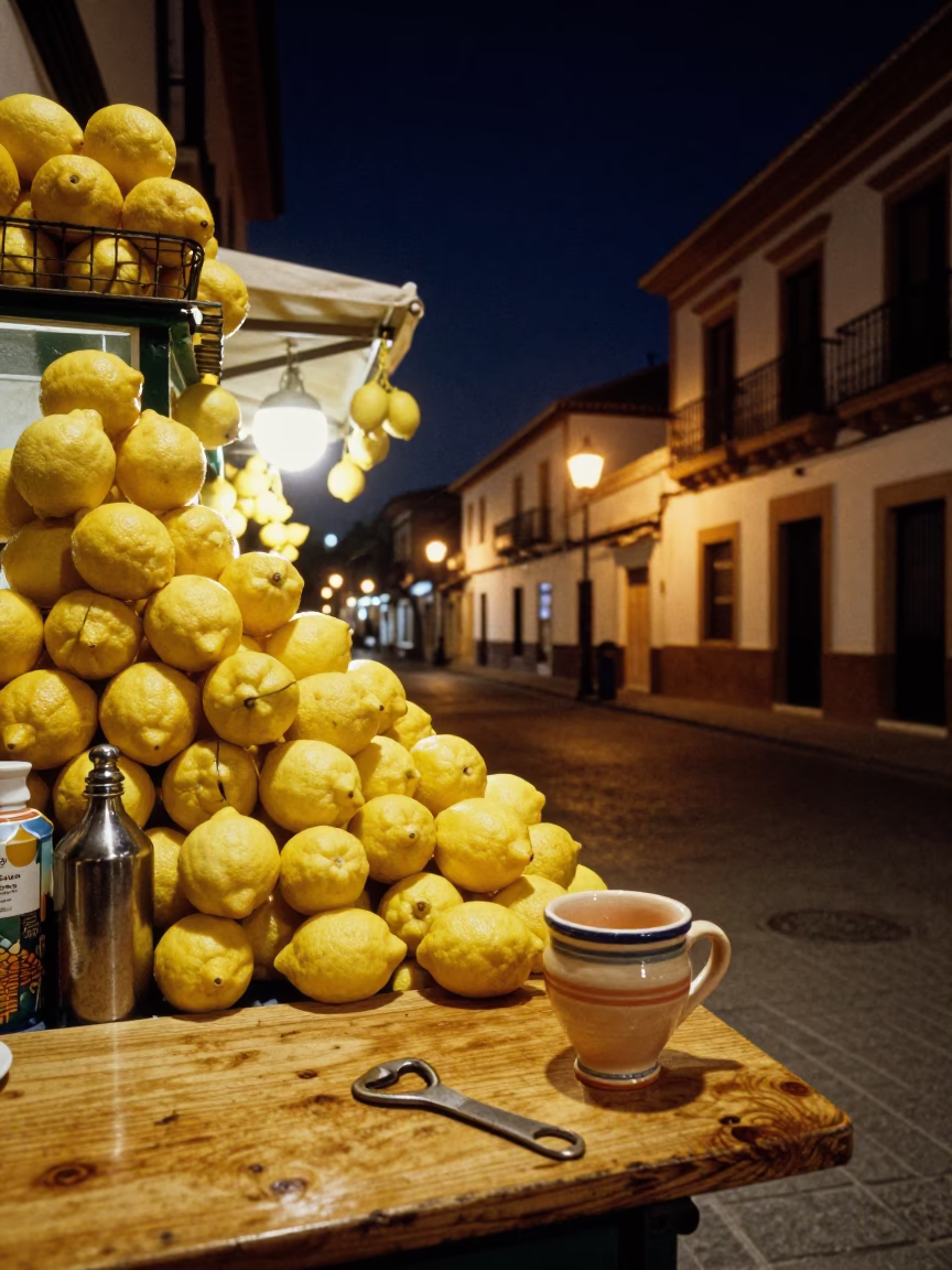 Granada Spain Night Street Scene with Lemon Stalls and Traditional Architecture in in Granada, Spain