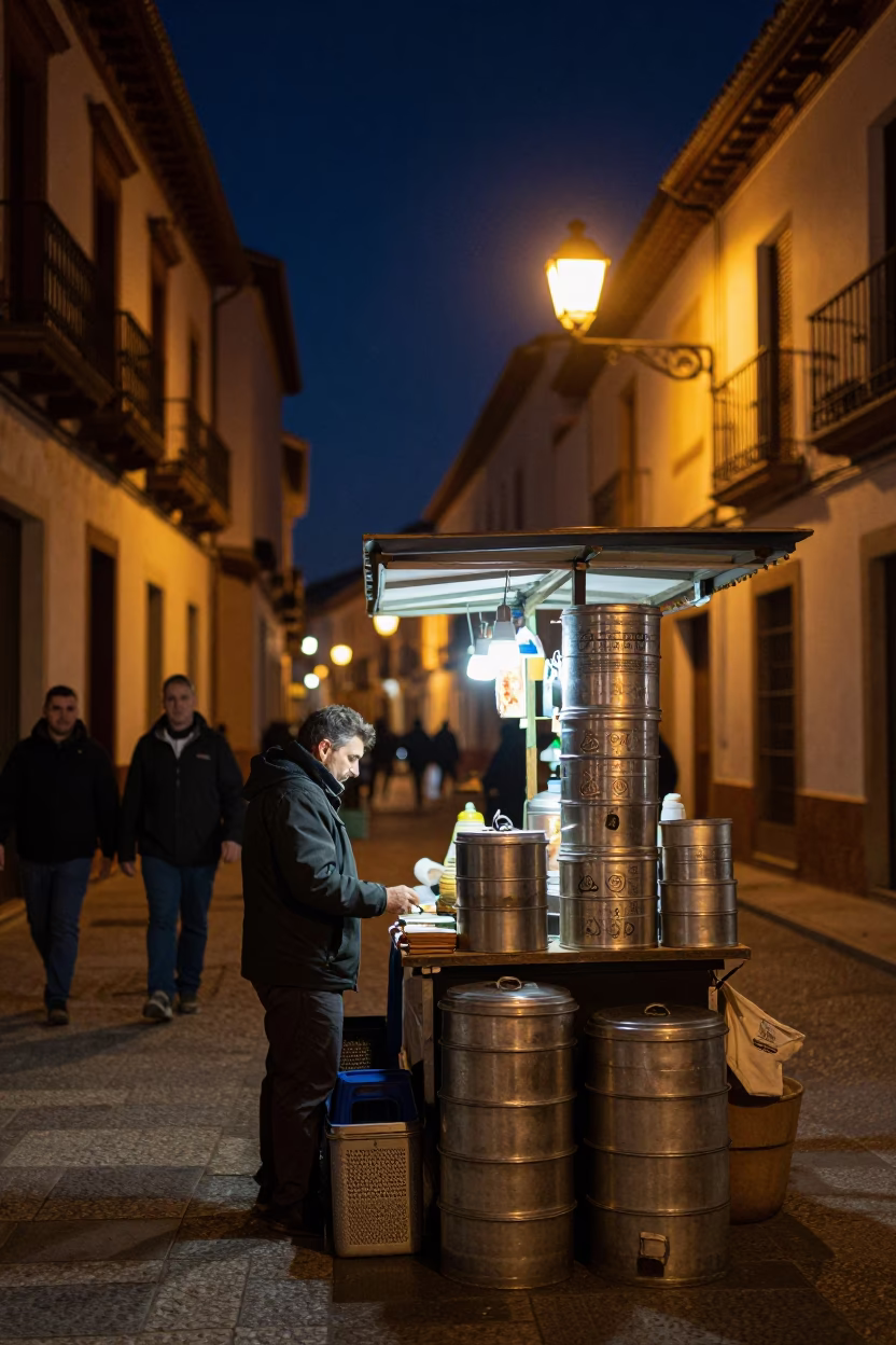Granada Spain Night Street Scene with Local Food Vendor and Rusty Metal Tiffin Tin in in Granada, Spain