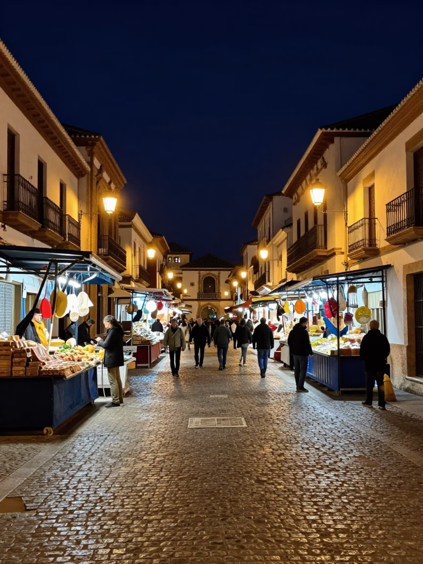 Granada Spain Night Street Scene with Local Market Stalls and Night Sky in in Granada, Spain