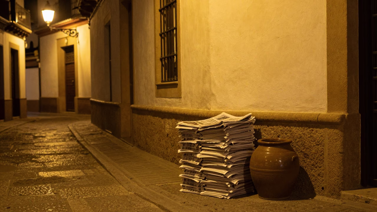 Granada Spain Night Street Scene with Newspaper Stack and Jar on Stone Wall in in Granada, Spain