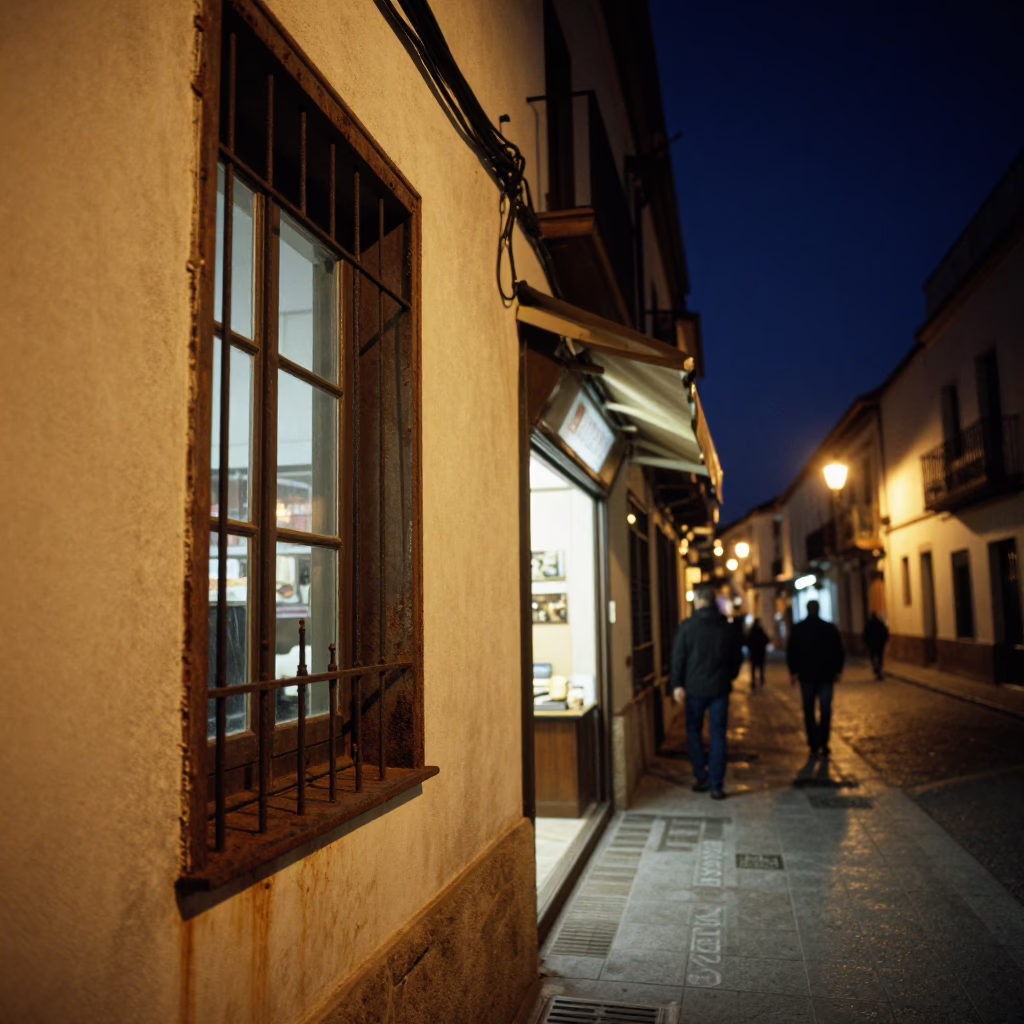 Granada Spain Night Street Scene with Rusty Window Sill and Gelato Display in in Granada, Spain