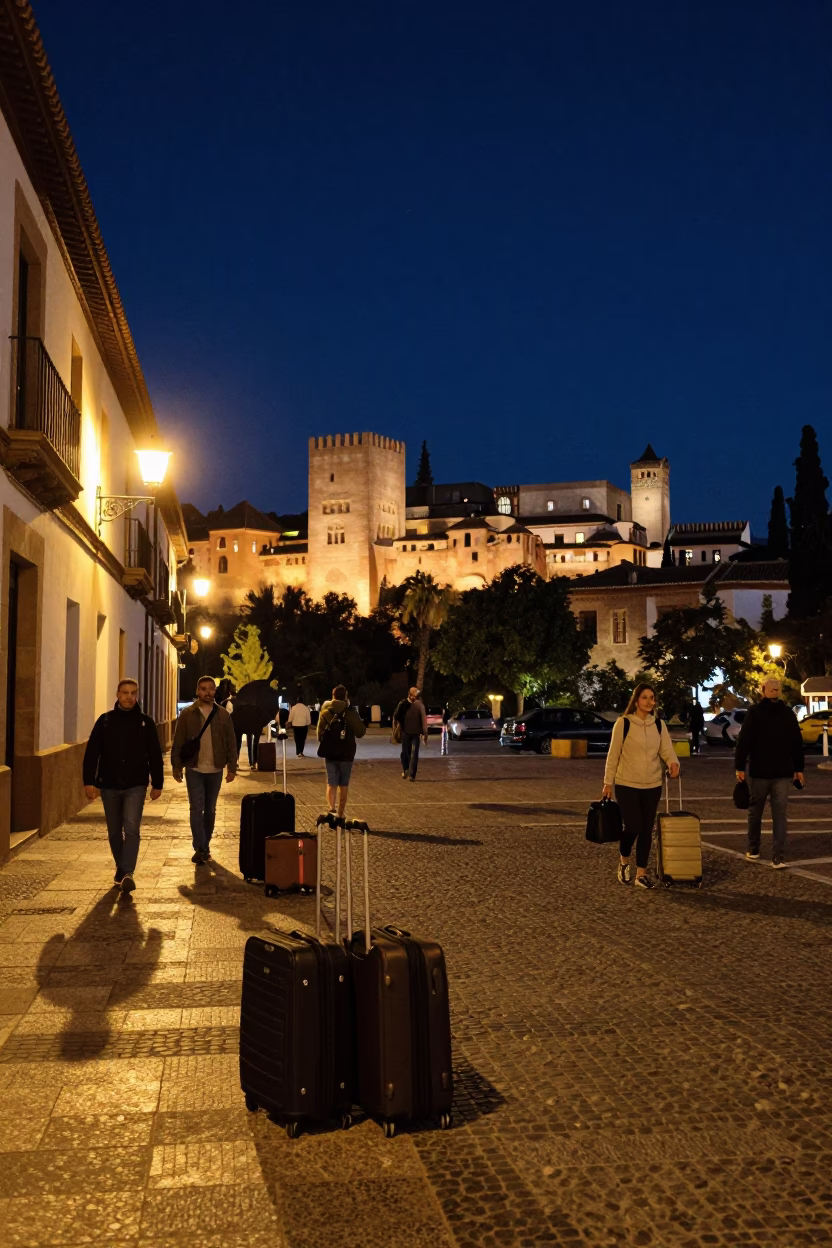 Granada Spain Night Street Scene with Suitcases and Local Atmosphere in in Granada, Spain