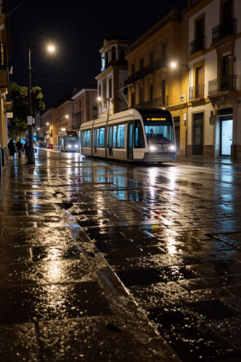 Granada Spain Night Street Scene with Tram Reflections on Wet Cobblestones in in Granada, Spain