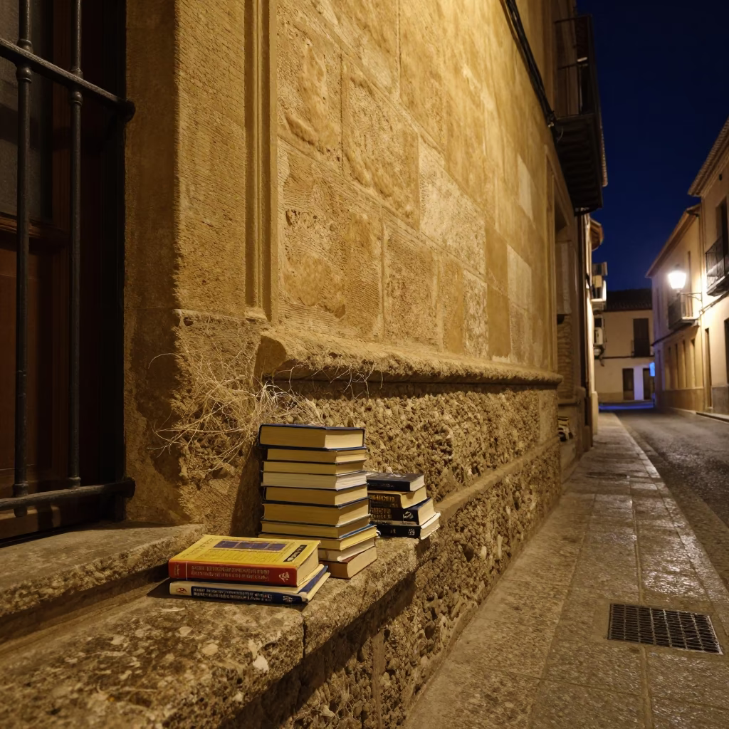 Granada Spain Night Street Scene with Twine Fibers and Books in in Granada, Spain