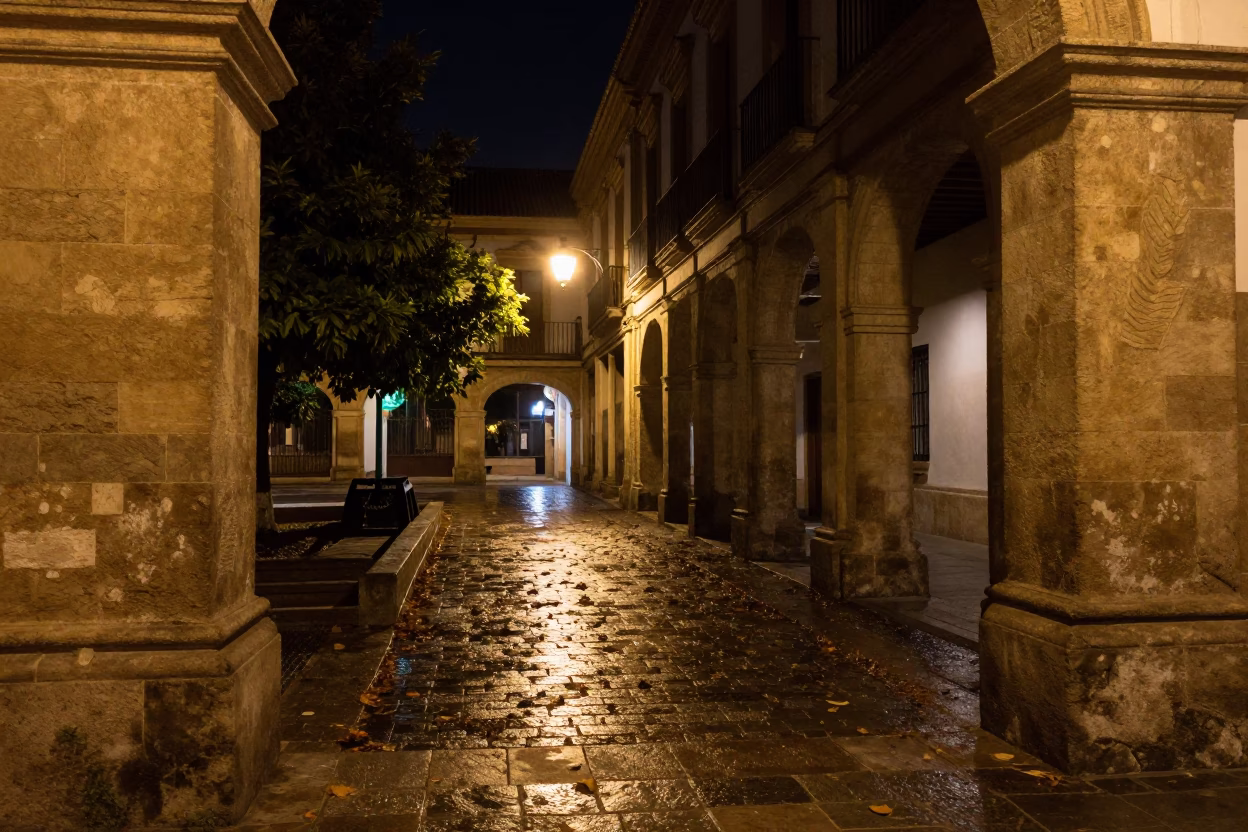 Granada Spain Night Street Scene with University Arcade and Leaf Shadows on Doorframe in in Granada, Spain