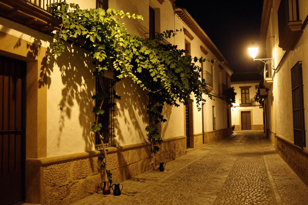 Granada Spain Night Street Scene with Vine and Pitcher at Late Hour in in Granada, Spain