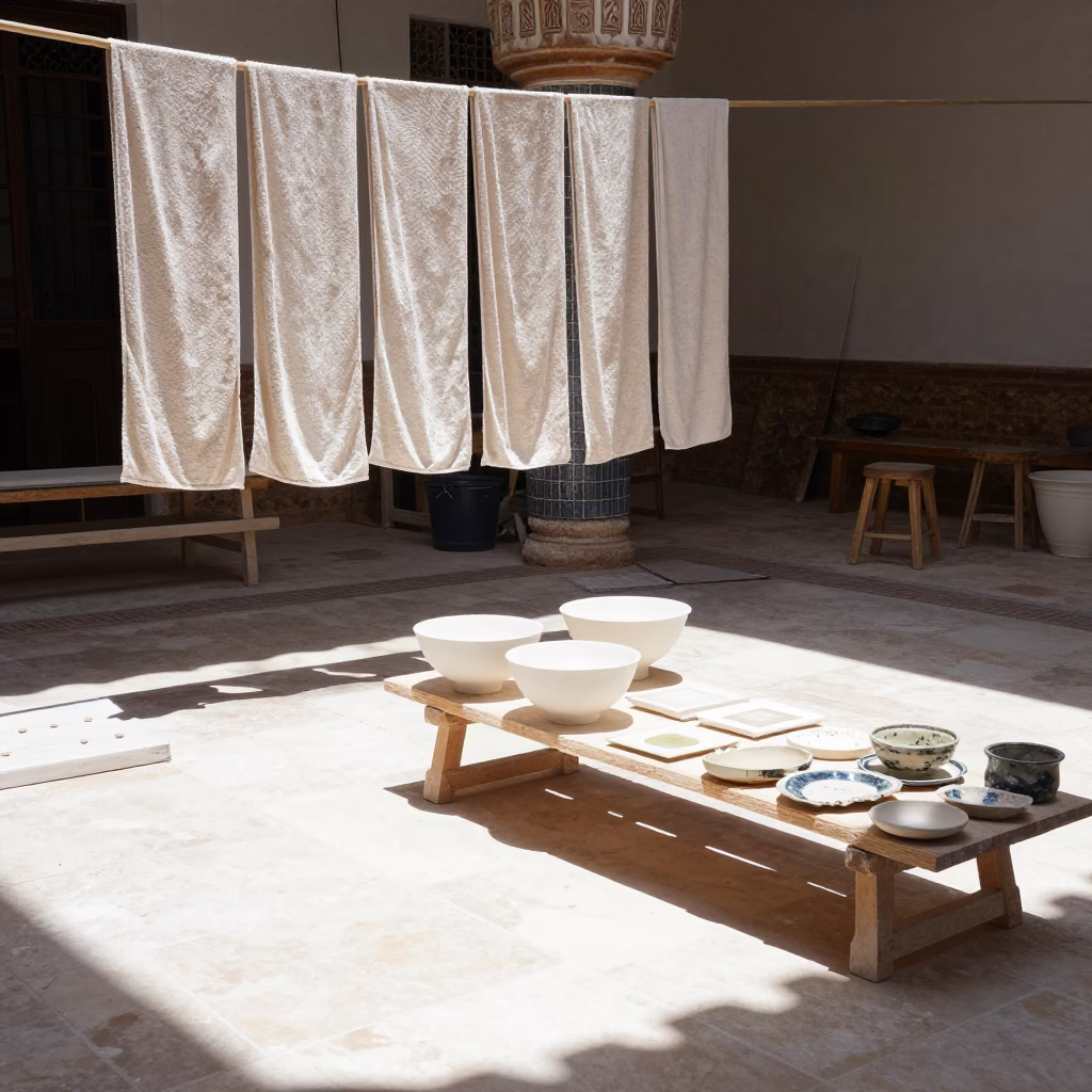 Granada Spain noon light ceramic workshop courtyard with drying towels in in Granada, Spain
