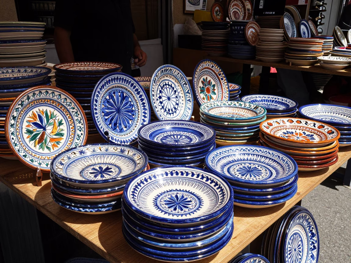 Granada Spain Noon Light Majolica Plates at Local Market Stall in in Granada, Spain