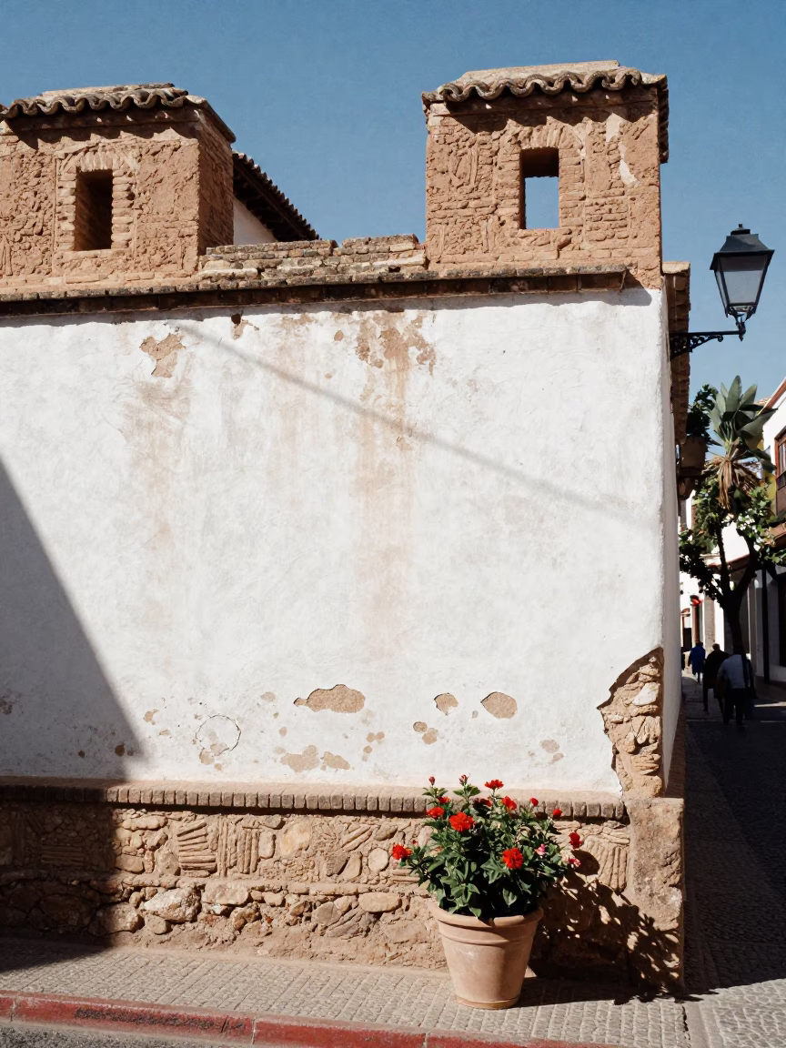 Granada Spain noon light on weathered adobe wall with flowerpot in in Granada, Spain