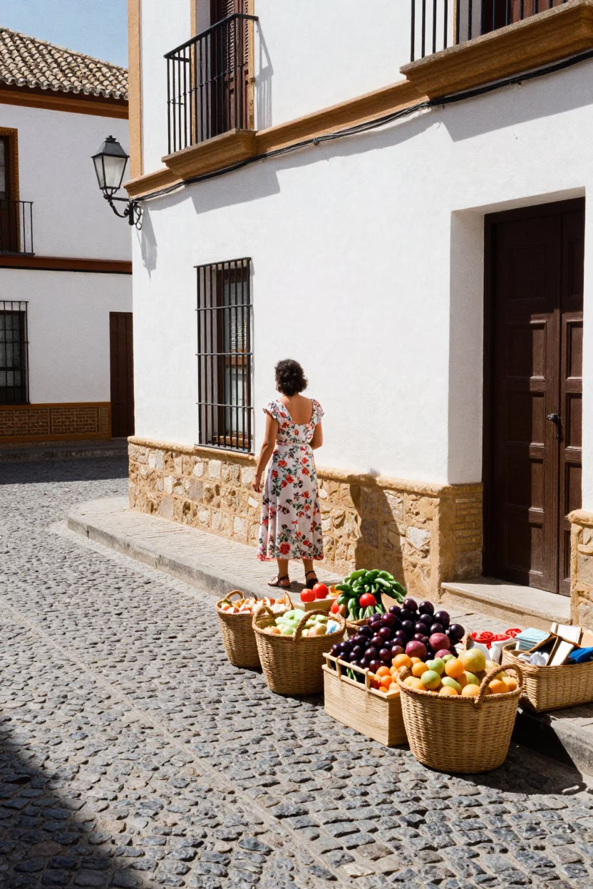 Granada Spain Noon Light Street Scene with Woven Basket and Market Goods in in Granada, Spain