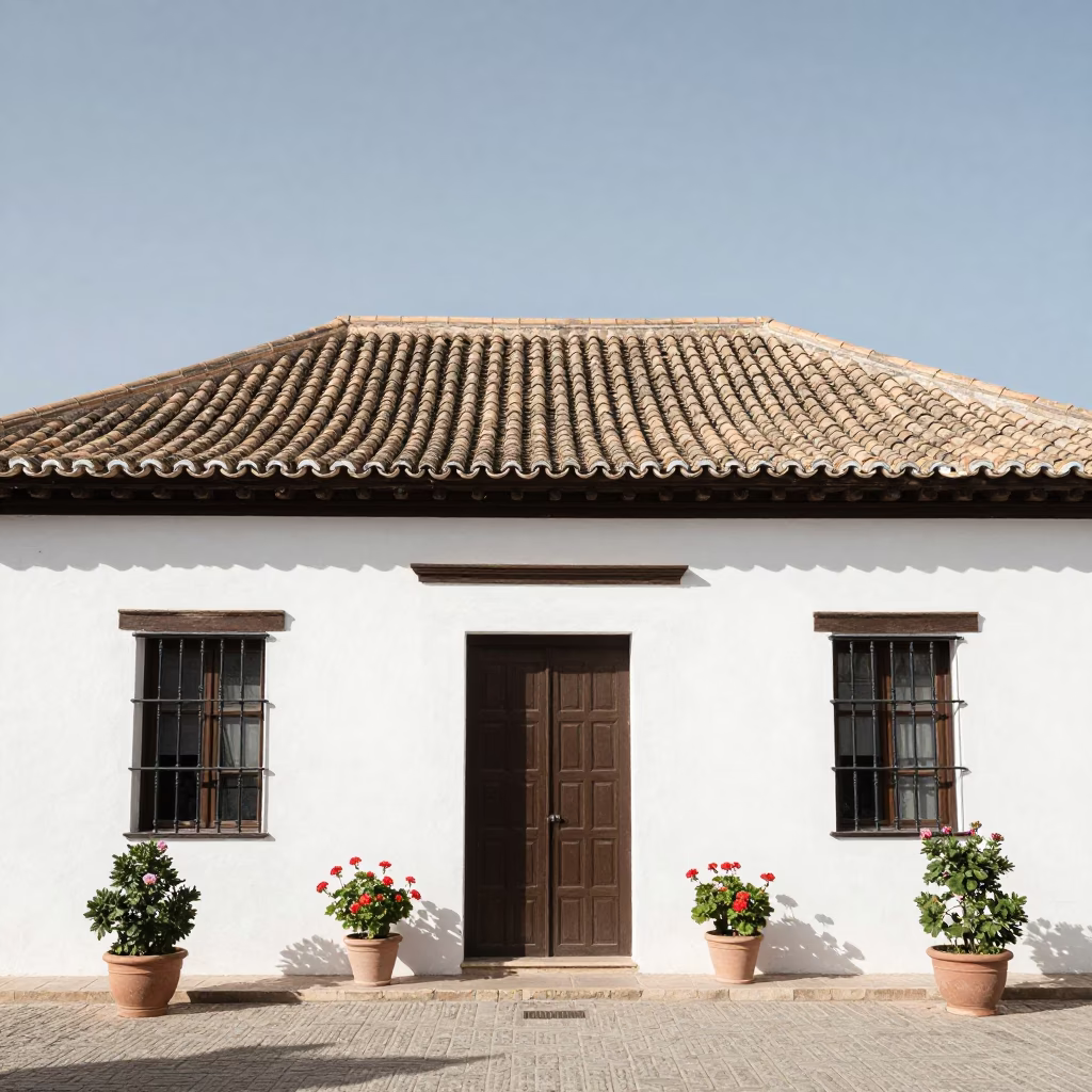 Granada Spain Noon Light White House Facade and Potted Geraniums on Balcony in in Granada, Spain