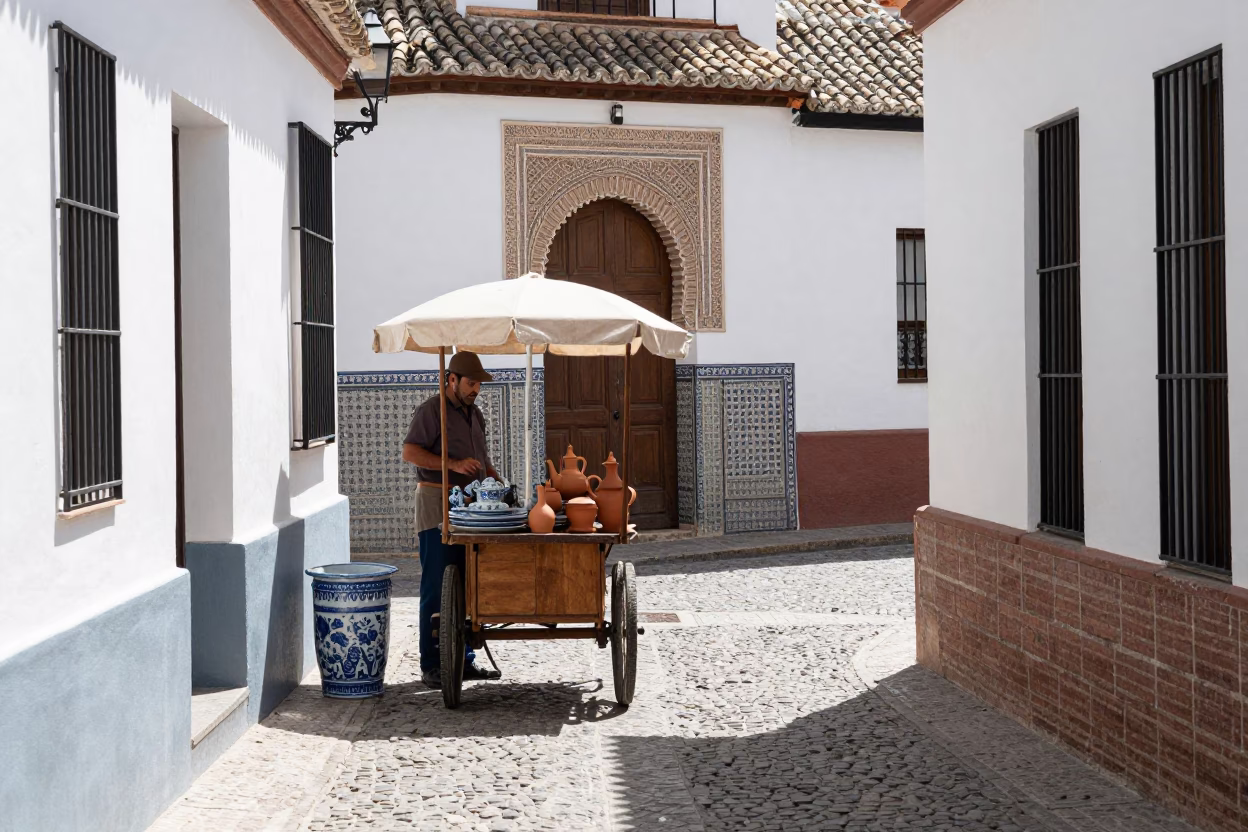 Granada Spain noon street scene with clay teapot and porcelain details in in Granada, Spain