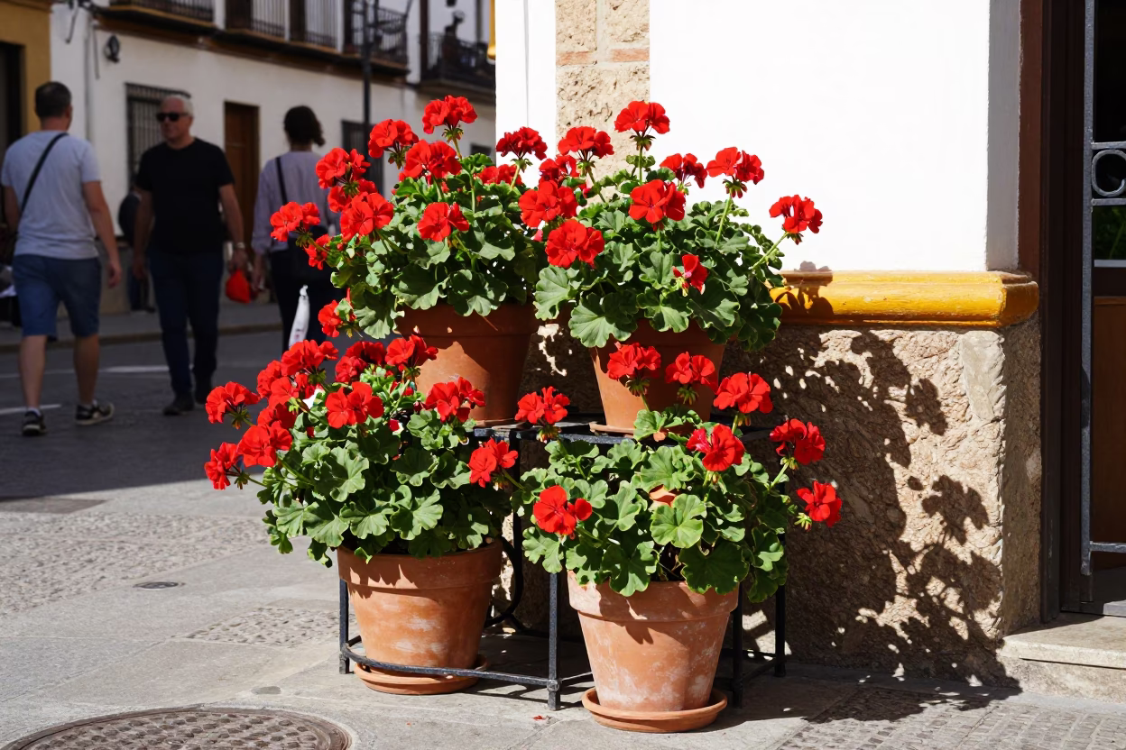 Granada Spain Noon Street Scene with Geraniums and Market Goods in in Granada, Spain