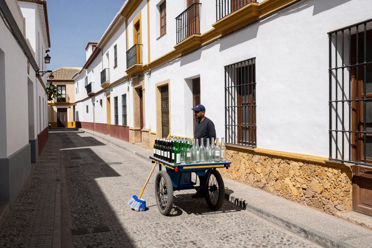 Granada Spain Noon Street Scene with Glass Bottles and Mops Near Alhambra in in Granada, Spain