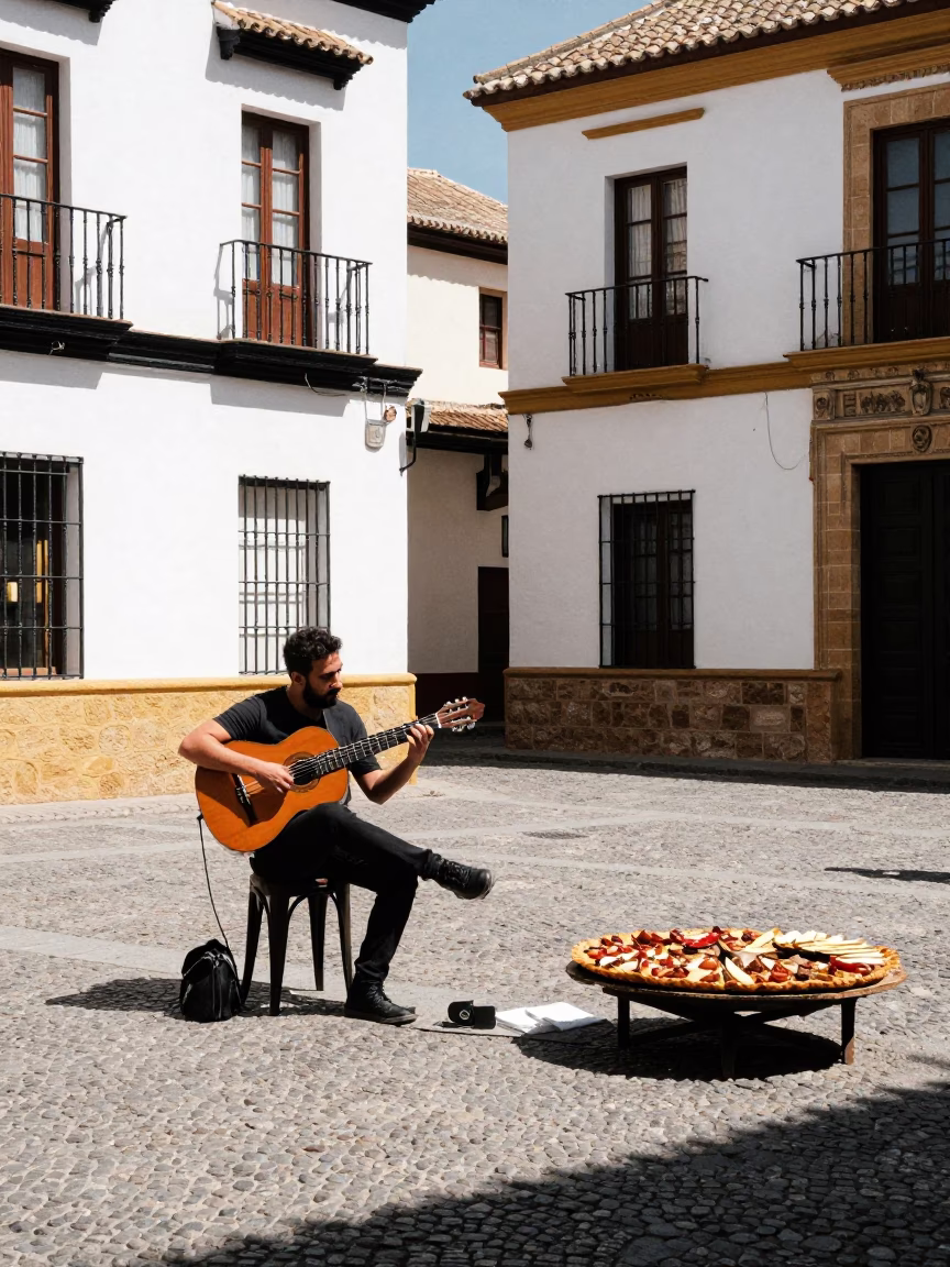 Granada Spain Noon Street Scene with Guitarist and Traditional Tapas in in Granada, Spain