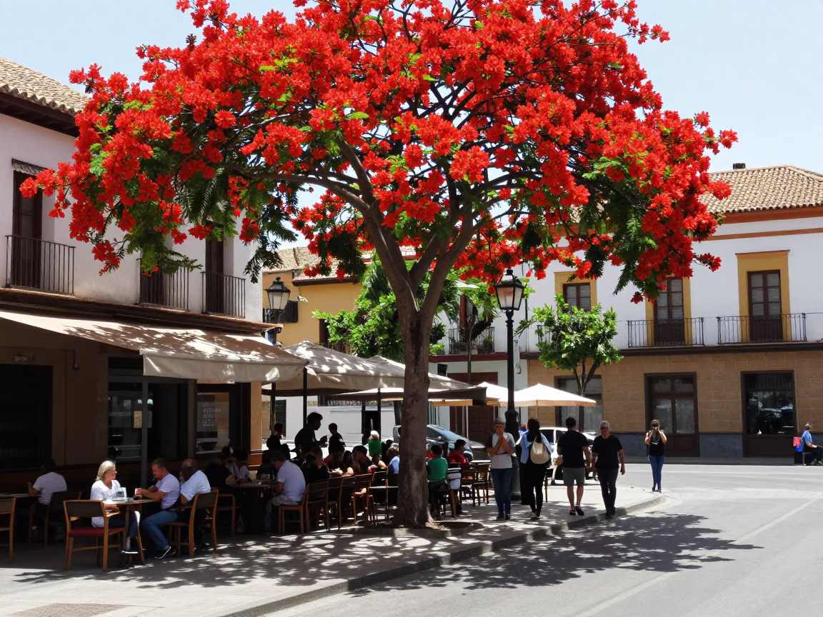 Granada Spain Noon Street Scene with Red Flame Tree and Traditional Tapas Bar in in Granada, Spain