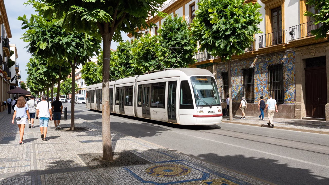 Granada Spain Noon Street Scene with Tramcar and Mosaic Tile Fragments in in Granada, Spain