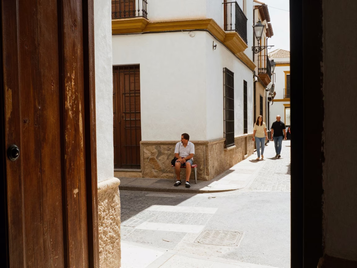 Granada Spain Noon Sunlight Street Scene with Dusty Doorframe and Local Bottle in in Granada, Spain
