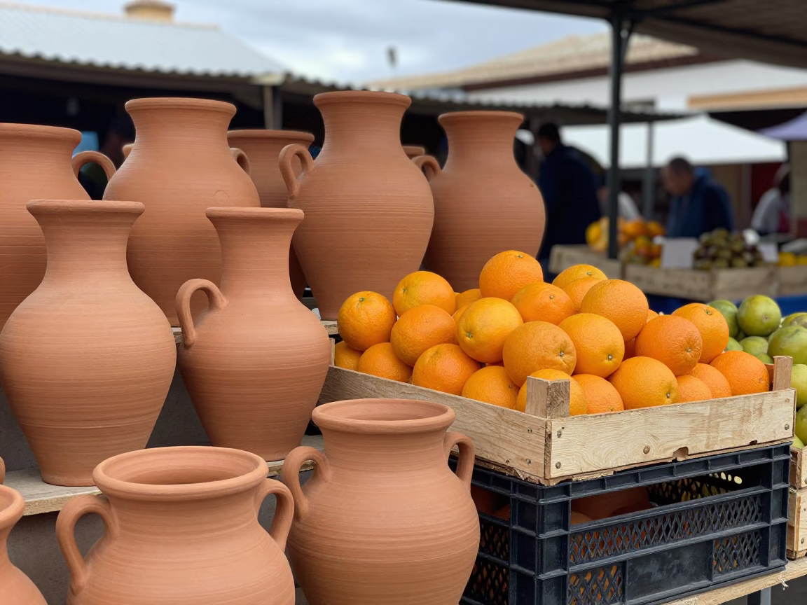 Granada Spain Overcast Market Stall Clay Pots and Fruit Crates in in Granada, Spain