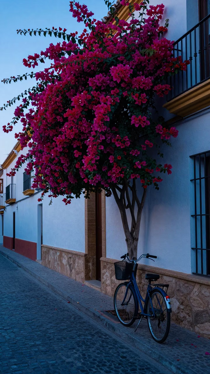 Granada Spain Pre-Dawn Street Scene with Bougainvillea and Bicycle Basket in in Granada, Spain