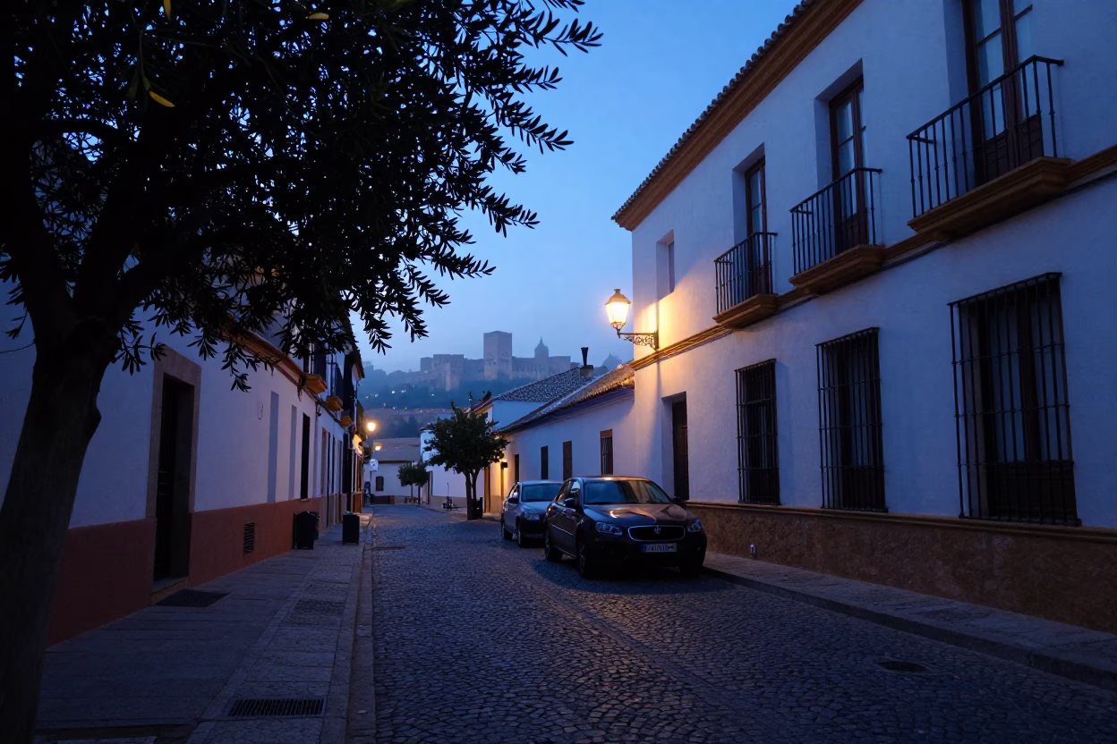 Granada Spain Pre-Dawn Street Scene with Olive Branch and Classic Bus in in Granada, Spain