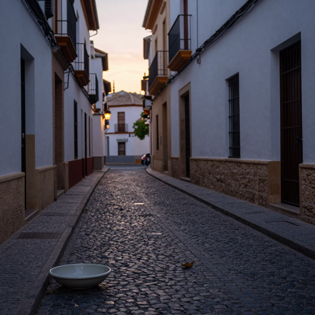 Granada Spain Pre-Dawn Street Scene with Olive Dish and Leaf Shadows in in Granada, Spain