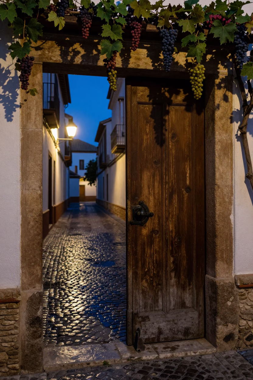 Granada Spain Predawn Street Scene with Iron Deadbolt and Grapevine in in Granada, Spain