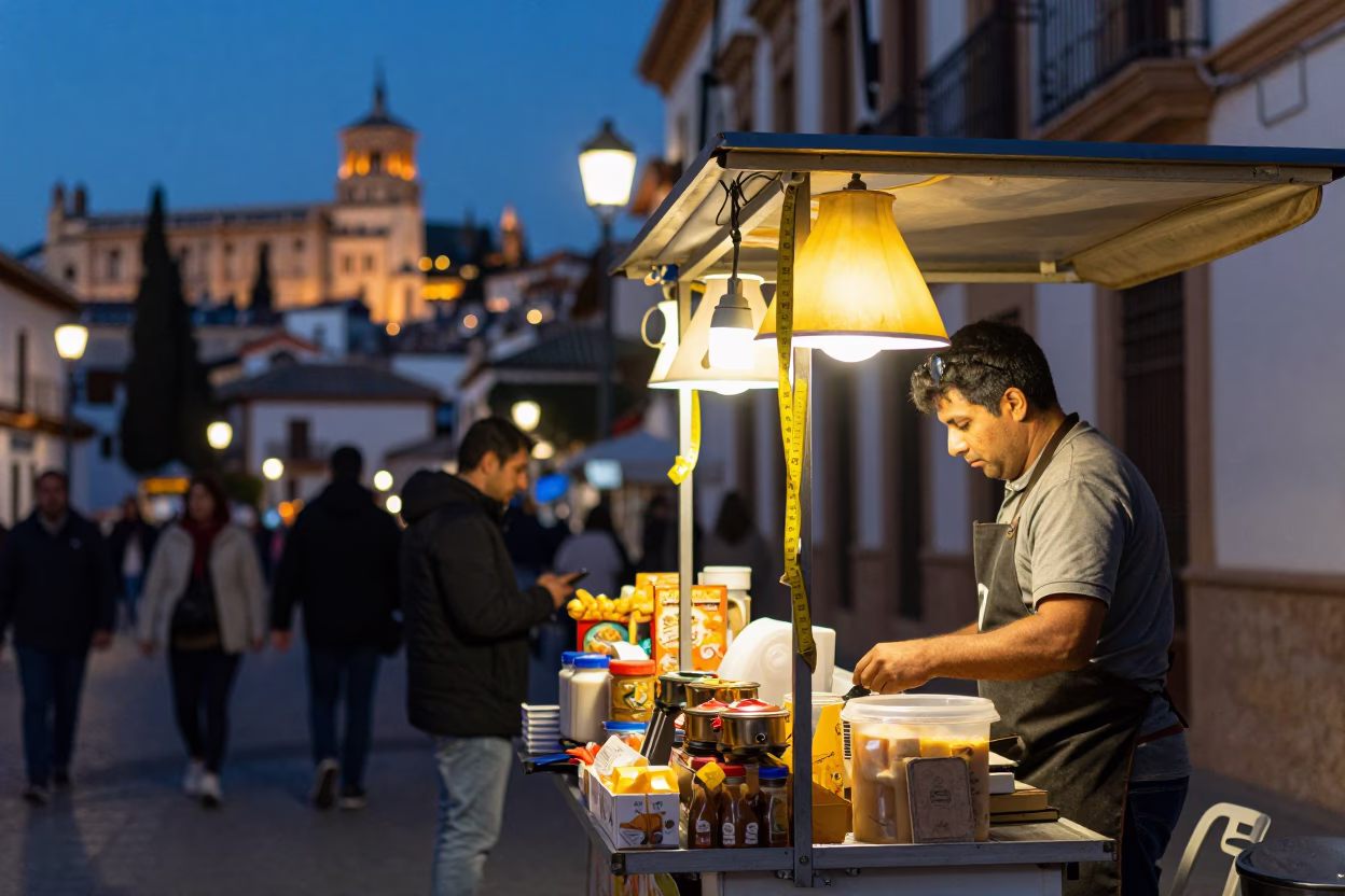 Granada Spain street food vendor stall with lampshade and measuring cups at dusk in in Granada, Spain