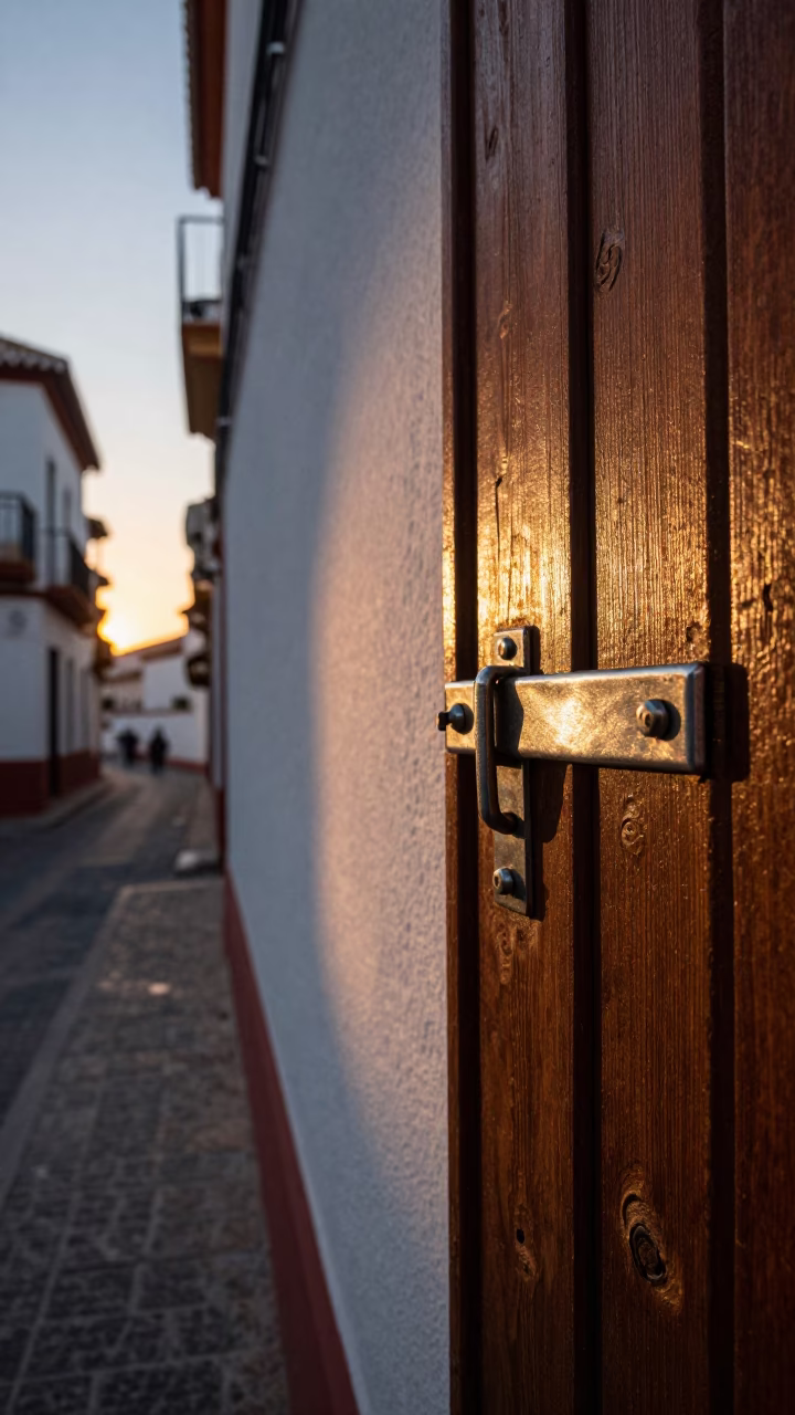 Granada Spain Street Scene at Dusk with Brushed Steel Latch and Mossy Log Details in in Granada, Spain