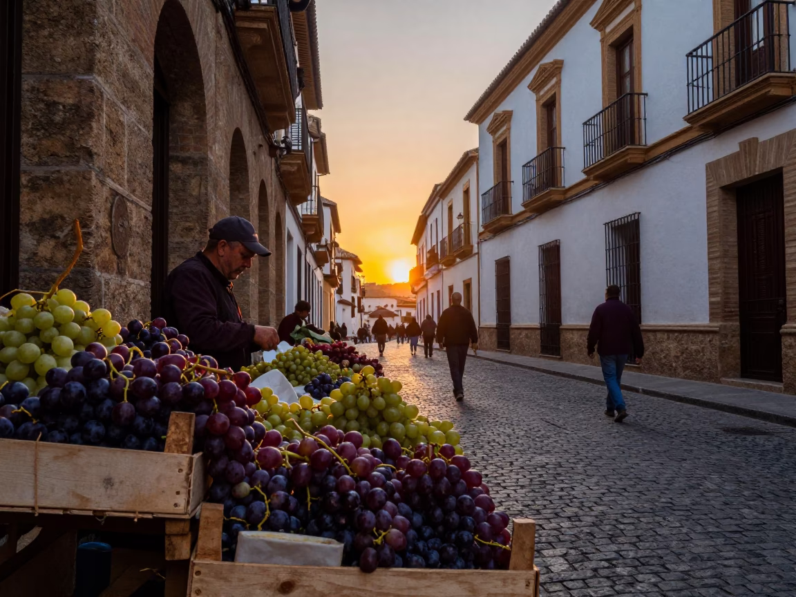 Granada Spain street scene at dusk with grapes on market stall in in Granada, Spain