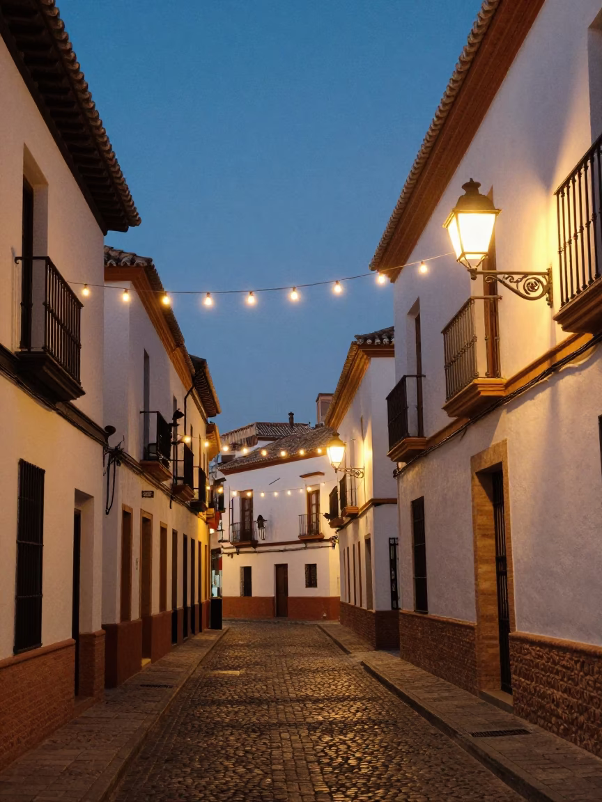 Granada Spain street scene at dusk with hanging string lights and traditional architecture in in Granada, Spain