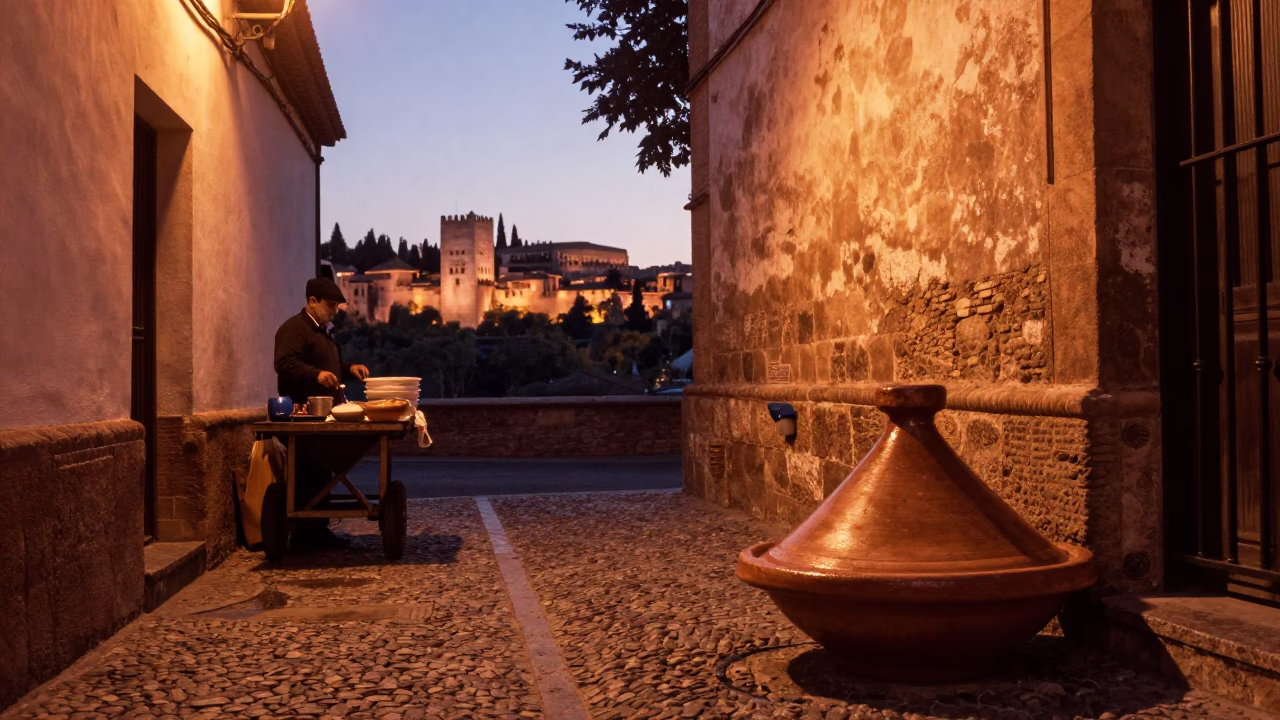 Granada Spain Street Scene at Dusk with Tagine Pot and Handwoven Basket in in Granada, Spain