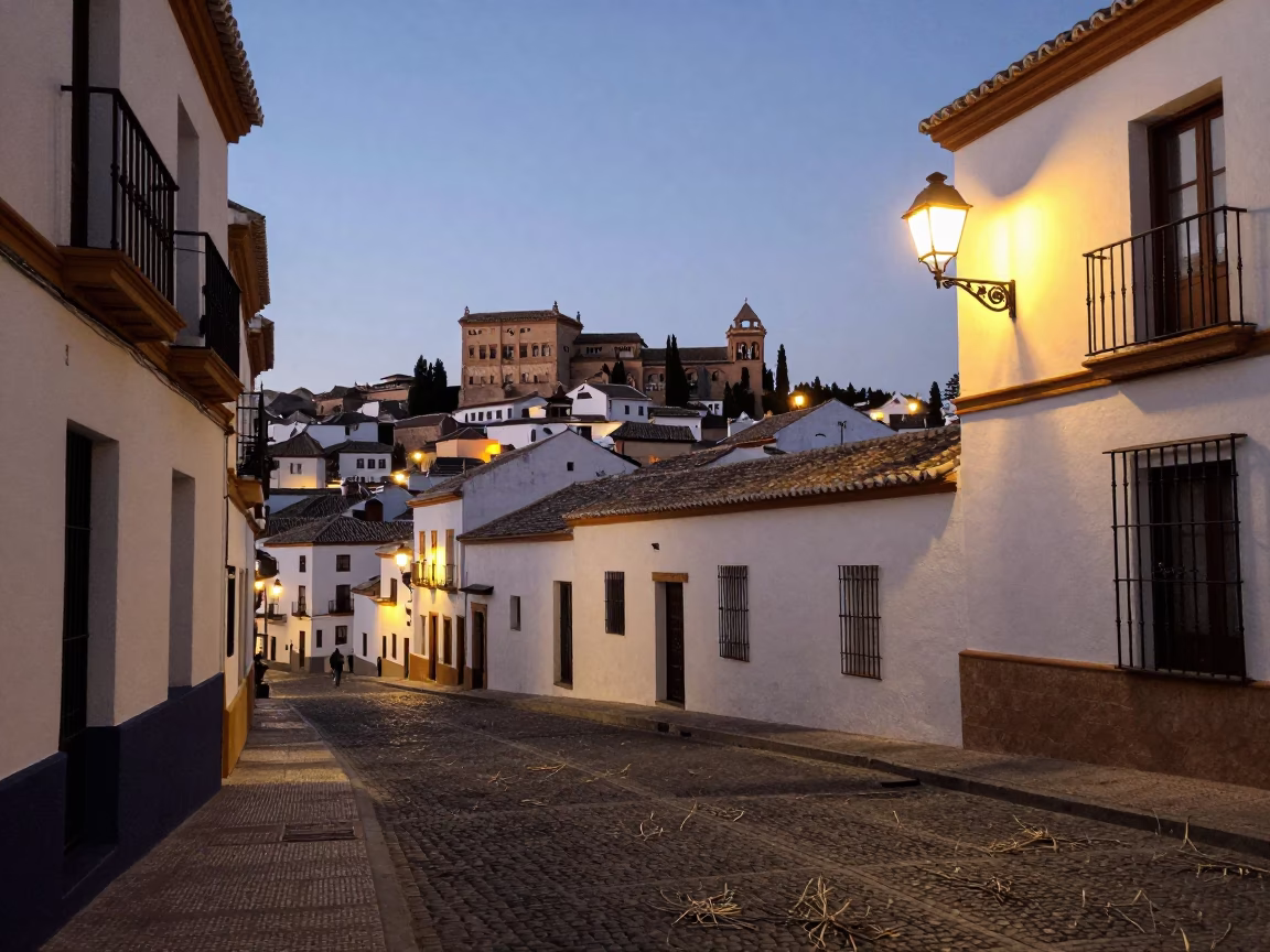 Granada Spain Street Scene at Dusk with Twine Fibers on Tile and Cherries in in Granada, Spain
