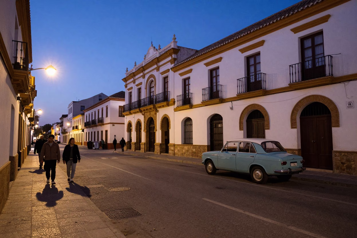 Granada Spain Street Scene at Nautical Dawn with Vintage 1980s Realism in in Granada, Spain