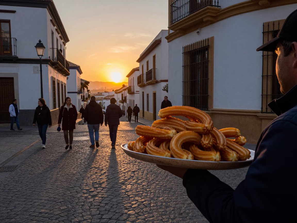 Granada Spain Street Scene at Sunset with Churros and Hot Chocolate in in Granada, Spain