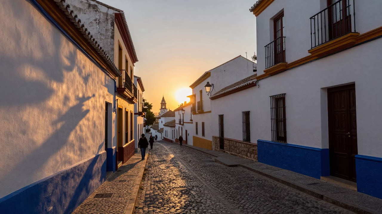 Granada Spain street scene at sunset with leaf shadows on tile and local pedestrians in in Granada, Spain