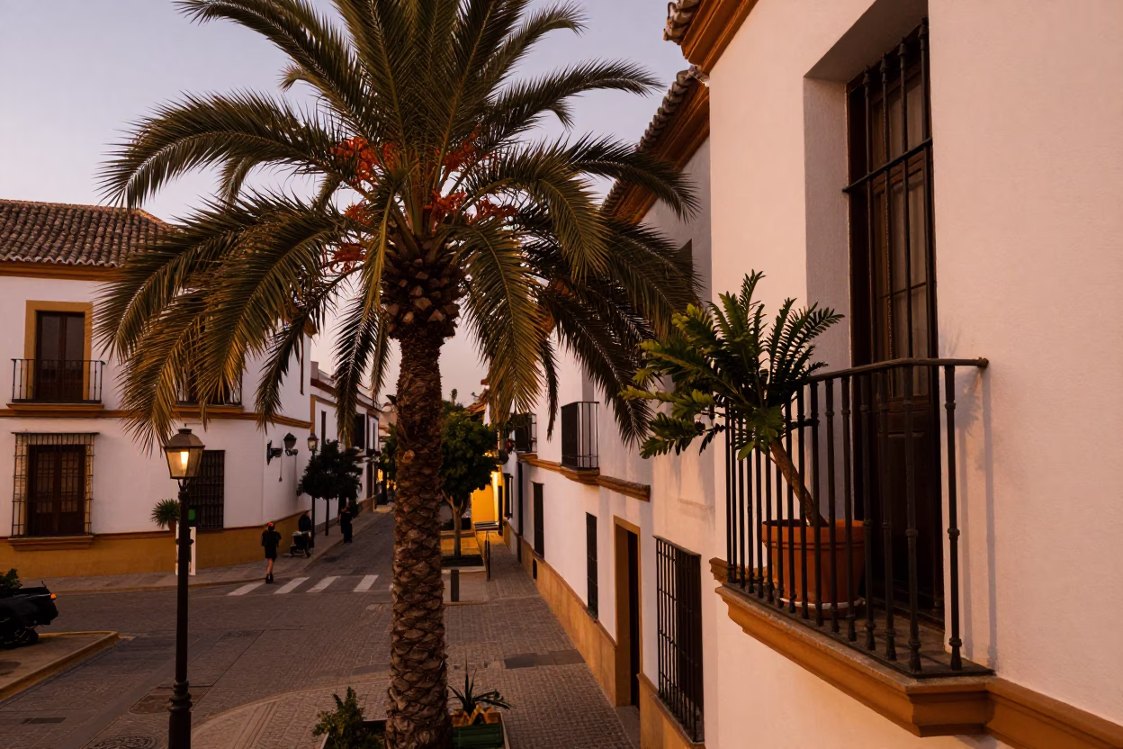 Granada Spain Street Scene Before Dusk with Date Palm and Houseplant in in Granada, Spain