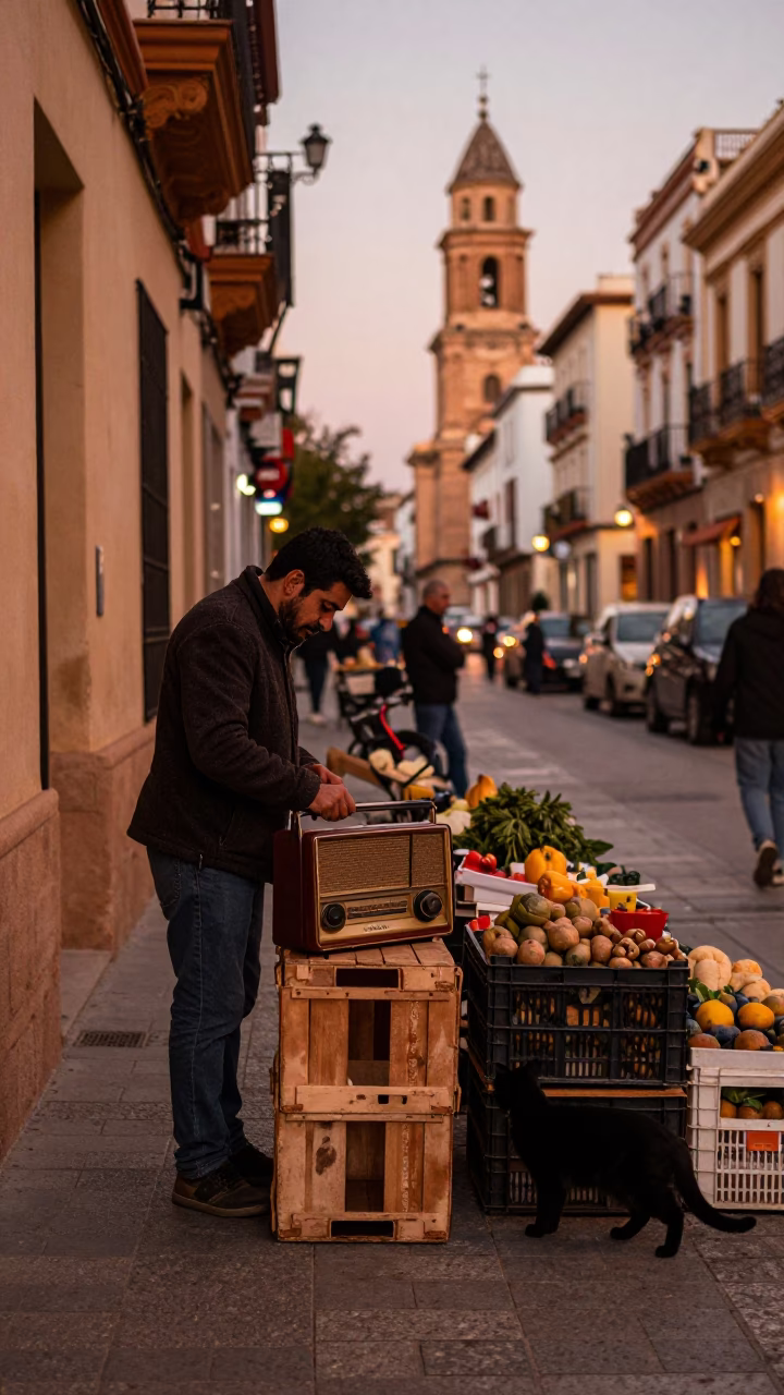 Granada Spain street scene before dusk with vintage radio and black cat in in Granada, Spain